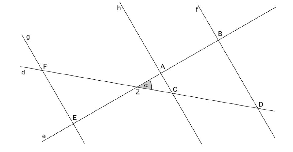 Geometrische Zeichnung mit mehreren sich schneidenden Geraden, markierten Punkten und dem Winkel α.